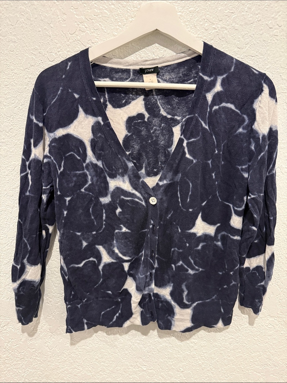 J. Crew Navy and White Floral V-Neck Cardigan